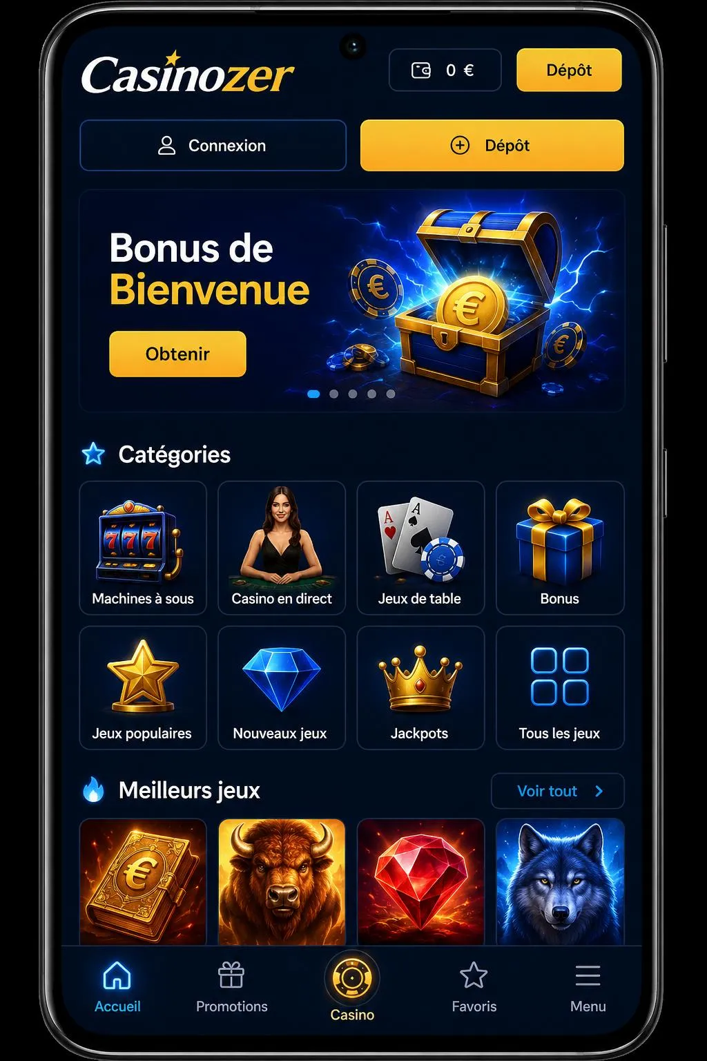 Fonctionnalités principales de l'app Casinozer — Casinozer application